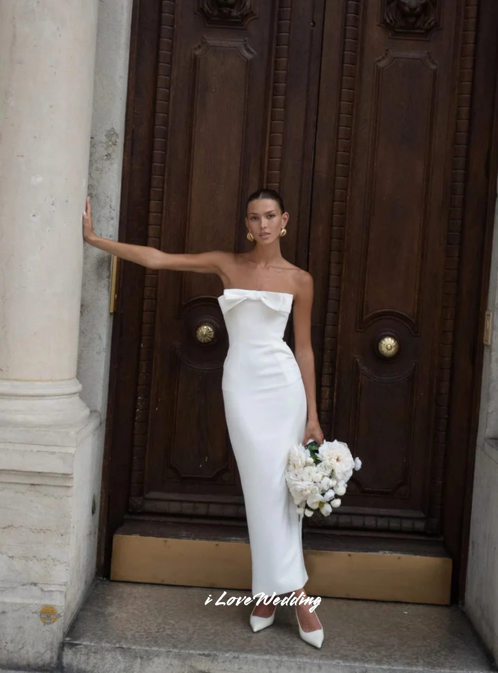 Elegant White Strapless Wedding Dresses 2025 Satin Sleeveless Bow Backless Mermaid Ankle-Length Simple Slim Dresses Customized