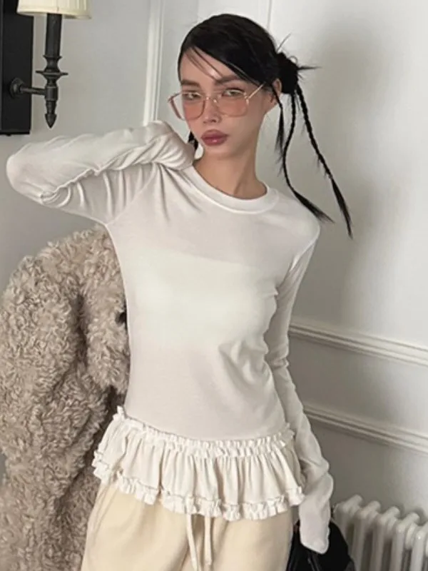 Slim Fit Long Sve Ropa interior para mujer Top Chic Ballet Volantes Dobladillo Capa base Sli simple Viajes de oficina Sle Primavera Autu...