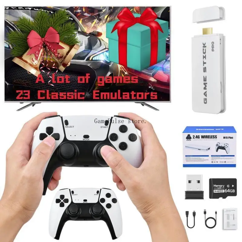 GamePulseRetro 64G Retro Game Stick 26 Emulators Dual Controllers Plug and Play Classic Video Games Console Christmas Gift