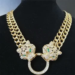 Hip Hop Crystal Double Leopard Head Pendant Necklace With Double Cuban Chain For Men Women Fashion Panther Jewelry dropshipping