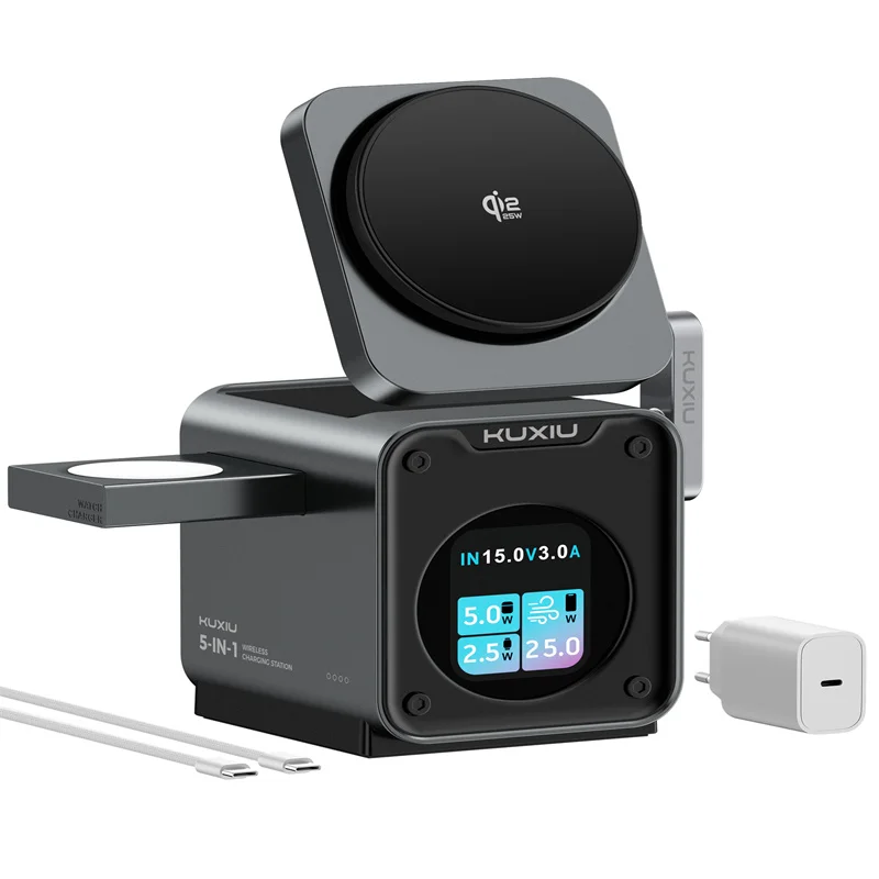KUXIU D5 Qi2.2 25W Magnetyczna Stacja Ładująca Bezprzewodowa z Inteligentnym Kolorowym Wyświetlaczem TFT do iPhone 18 17 16 15 14 13/iWatch/AirPod