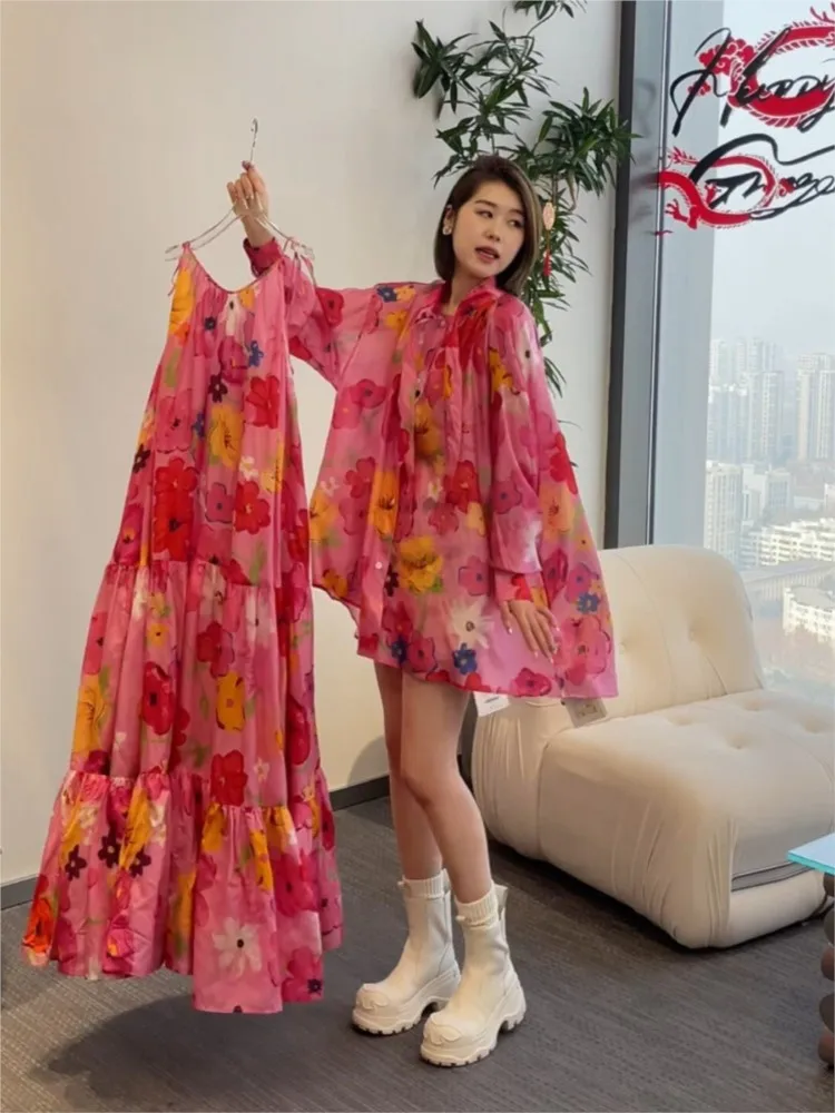 

French Style Platycodon Grandiflorum Pink Floral Chiffon Long Sleeve Sleeveless Dress for Women Spring and Summer