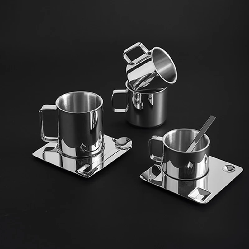 European-style 304 Stainless Steel Coffee Cups with Coasters Portable Advanced Sense with Chassis Coffee Supplies Milk Tea Cups
