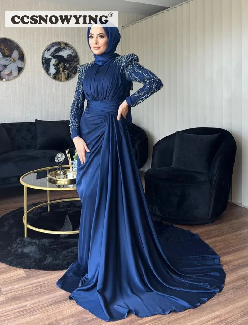 Long Sleeve Hijab Evening Dresses Islamic Prom Formal Party Gown Women Satin Appliques Muslim Arabic Kaftan Robe De Soiree