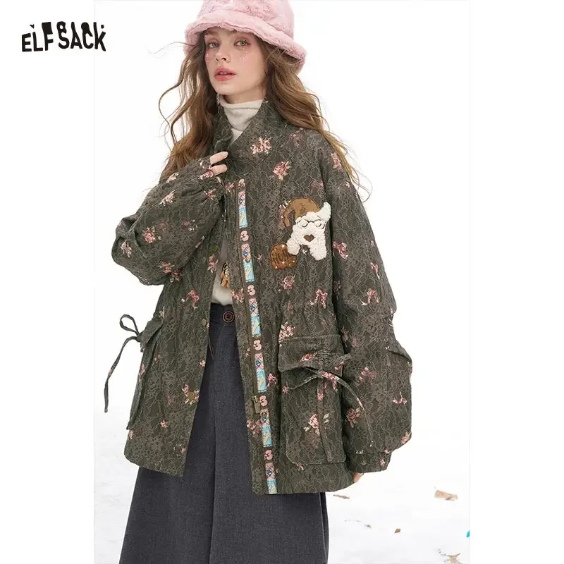 ELFSACK Y2K Casual Floral Graphic Dog Graphic Half Neck Coat For Women