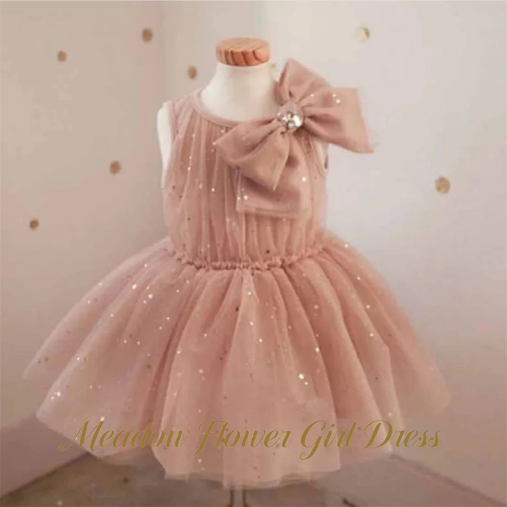Meadow Dusty Blush Children Birthday Wedding Dresses Round Neck First Communion Gown Sleeveless with Bow Girls Princess Dress