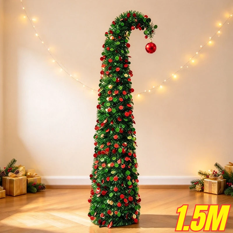 1.5M Tinsel Christmas Tree Bendable Slanted Top Telescopic Foldable Dense Ornament for Festive Holiday Party Xmas Decoration