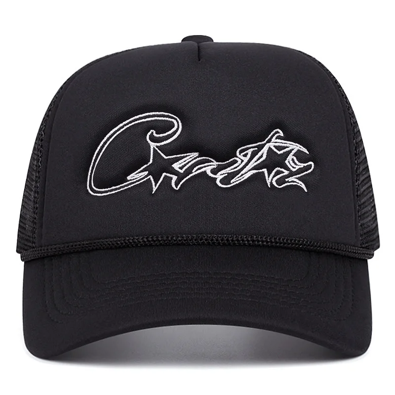

Flat Brim Trucker Cap Embroidered Sun Hat For Men And Women, Couple's Mesh Truck Hat, Versatile Breathable Baseball Snapback Hat