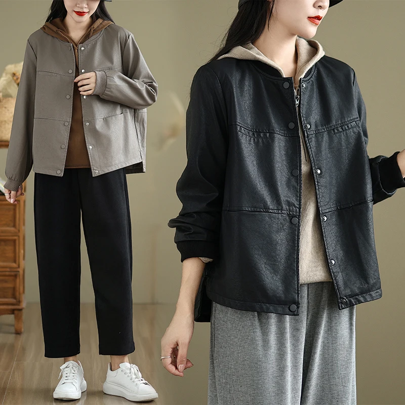 

Premium PU Leather Brown ort Casual Jaet Women's Sle Baseball Collar Slimming Top for Autumn Winter Commute Faion