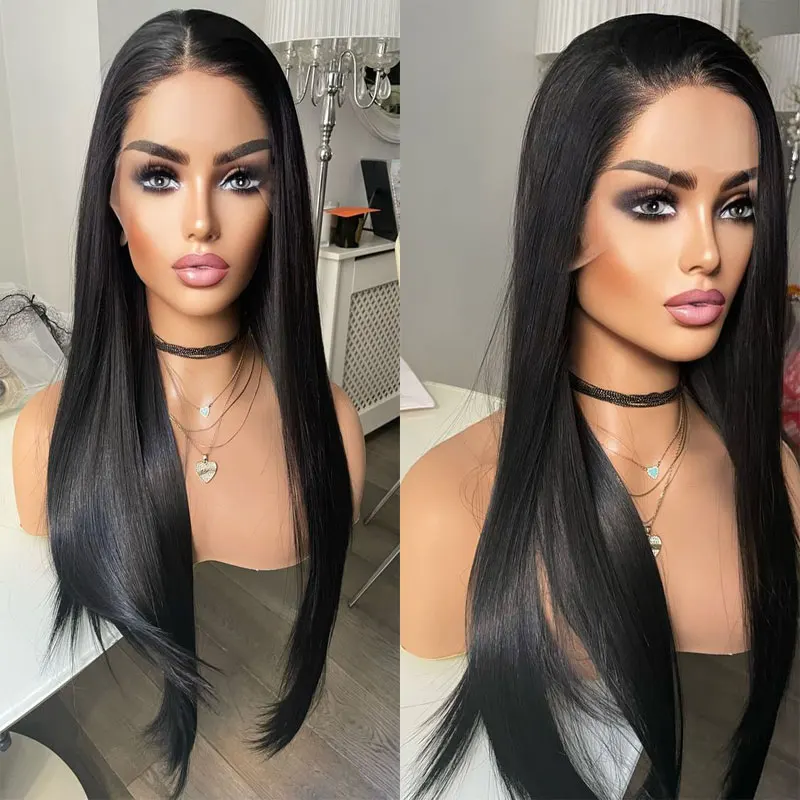 Jet Black Straight Hair Wig Synthetic Lace Front Wigs High Quality Heat Resistant Fiber Hair Natural Hairline For Black Women