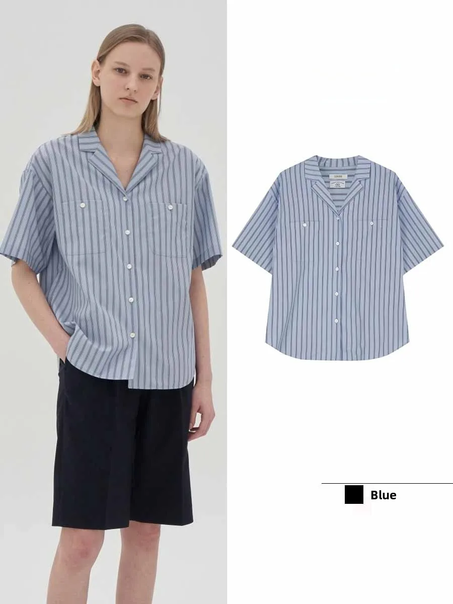 

Lerobe Meina Women's Casual Striped Shirt Short Sleeve Loose Fit Comfortable Lazy Top Korean Style Pure Cotton Mianzi