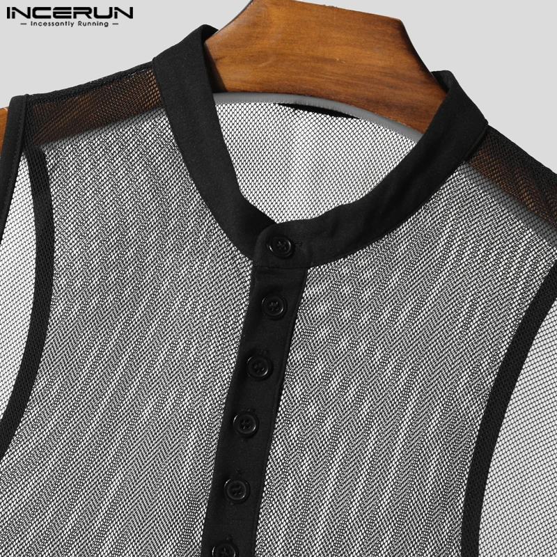 Incerun masculino bodysuits malha cor sólida ver através sexy o-pescoço sem mangas macacão verão 2025 playsuits moda masculina bodysuit