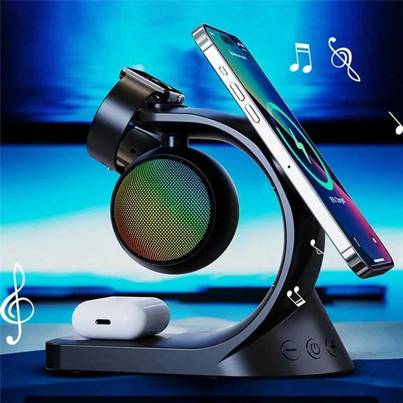 AY03-5 في 1 سمّاعات بلوتوث شاحن لاسلكي مغناطيسي 15 وات شحن سريع لسماعة الساعات للهاتف المحمول العالمي