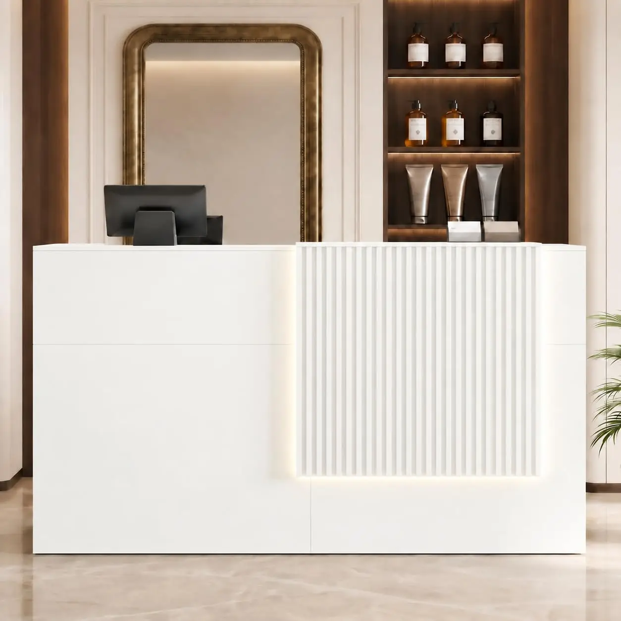 63" Modern Reception Desk with Lockable Drawers,Dual-Level Counter,Built-in Charging Ports & LED Light,Thick, Customized