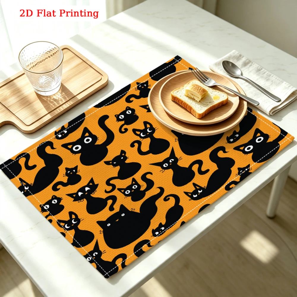 1pc Cute Black Cat Pattern Placemat Orange Halloween Kitty Print Table Mat Kitchen Dining Decor Non Slip Heat Resistant 30x40cm