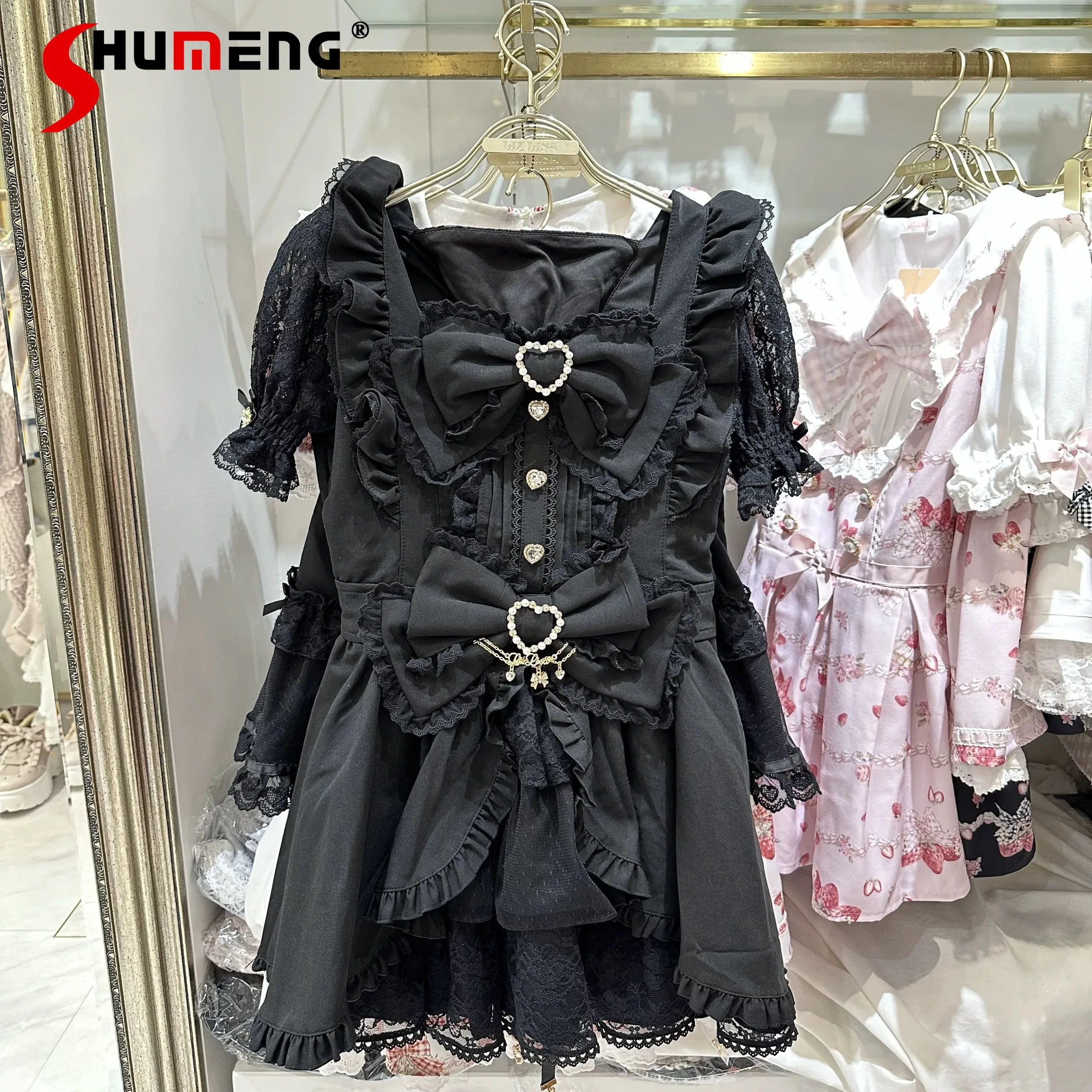

Spring and Summer Japanese Sweet Big Bow Slim Lolita Princess Mini Dress Shorts 2 Piece Set Girls Cute Dress Set Women Outfits