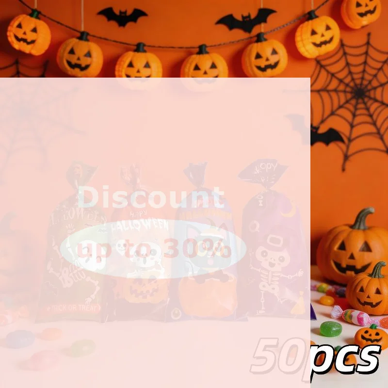 [50Pcs Halloween Candy Treat Bags Cartoon Ghost Pumpkin Skeleton Pattern PP Gift Pouches For Halloween Party Snack Packaging]