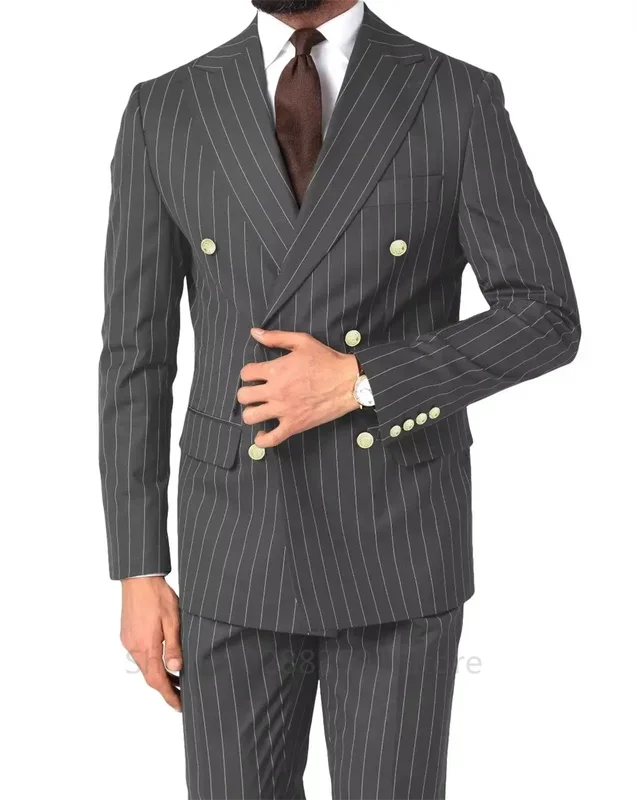 2 Pieces Elegant Men Suits Double Breasted Blazer Striped Business Social Formal Wedding Slim Fit Tailcoat Clothing