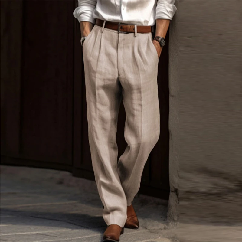 Cotton Linen Pants Men Business Casual Fashion Thin Suit Trouser Autumn Vintage Mens Solid Color Pleated New Design Waist Pants