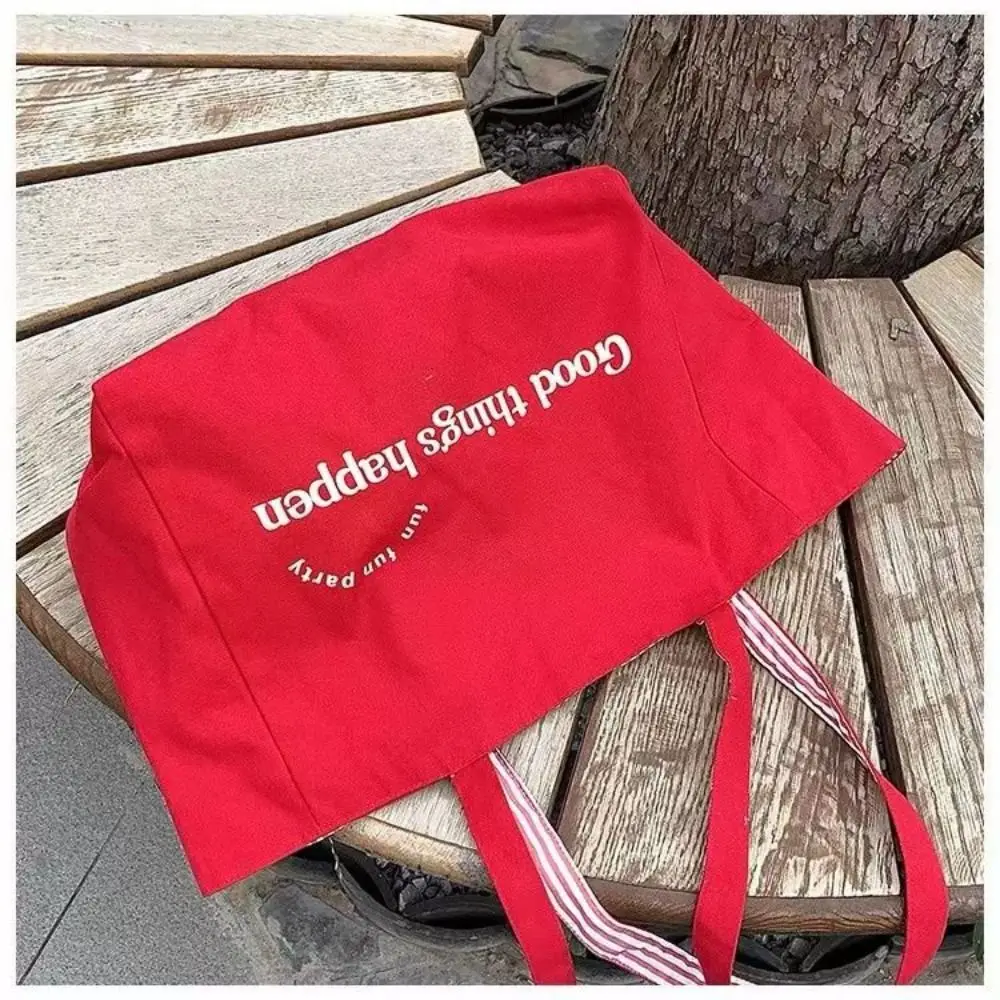 레드 레터 캔버스 숄더백 사용 가능 스트라이프 심플한 디자인 여성 토트 백 대용량 캔버스 소재