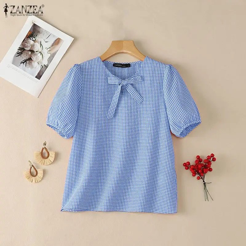 

Женские летние винтажные блузки ZANZEA в клетку с бантом, V-образным вырезом, короткими пышными рукавами, повседневные топы в клетку, размеры S-3XL