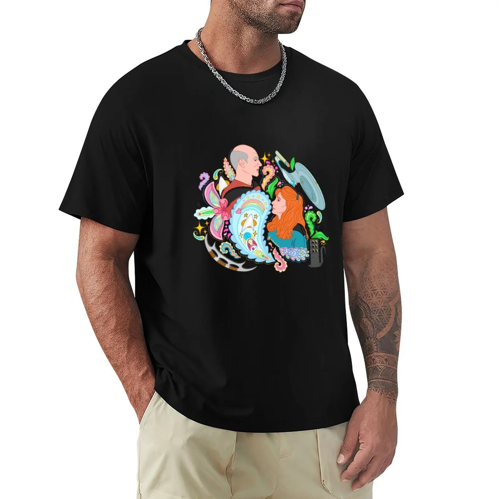 Beverly and Jean-Luc Star Paisley Pattern rainbow T-Shirt Daily Wear Plain Short Sleeve Shirt