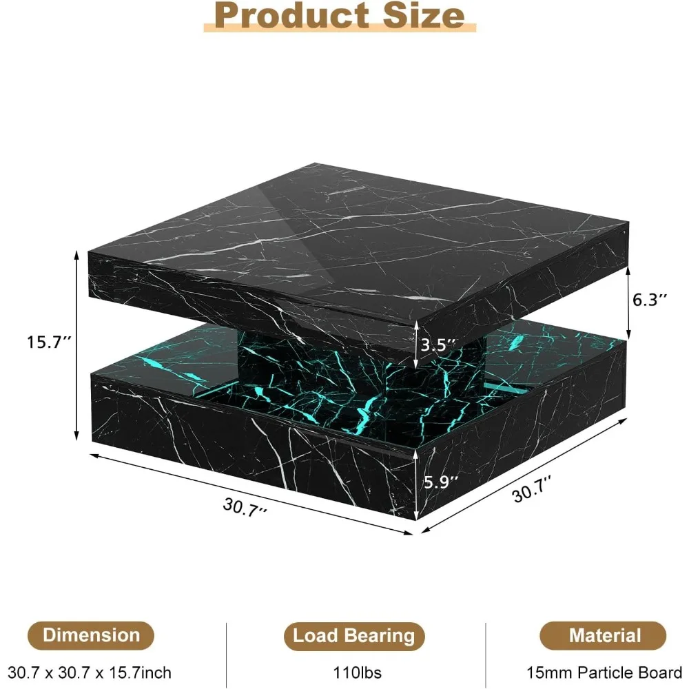 Black Marble Effect LED Coffee Table with 2 Layers of Storage Space, Modern Square Glossy Center Table, Wooden 20 Color Lighting