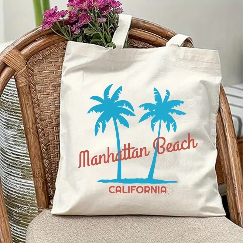 Blue Palm Tree Manhattan Beach California Letter Print Canvas Tote Bag Handbag For Daily School Commute Casual Shoulder Bag