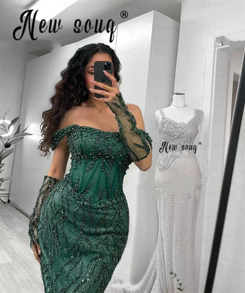 Smaragdgrünes, kurzärmliges, schulterfreies Abendkleid mit Perlenstickerei, Meerjungfrau, Hochzeitsgast-Partykleider, Pailletten, individuelles Promi-Kleid