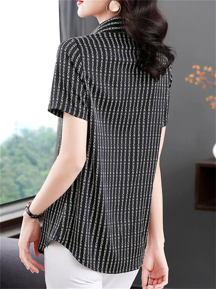 5XL Women Spring Summer Blouses Shirts Lady Fashion Casual Short Sleeve V-Neck Collar Letter Stripe Printing Blusas Tops TT2432