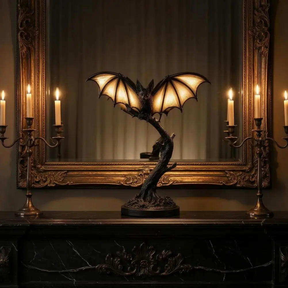 Retro Resin Desk Light Alternative Home Decor Vintage Black Bat Table Lamp Resin Night Light Retro Decorative Desk For Bedroom