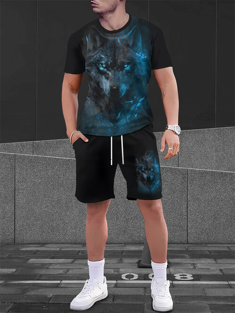

Summer New Men's Trend Two-piece Short-sleeved T-shirt Drawstring Shorts Animal Print Suit Large Size Leisure Men's Clothing