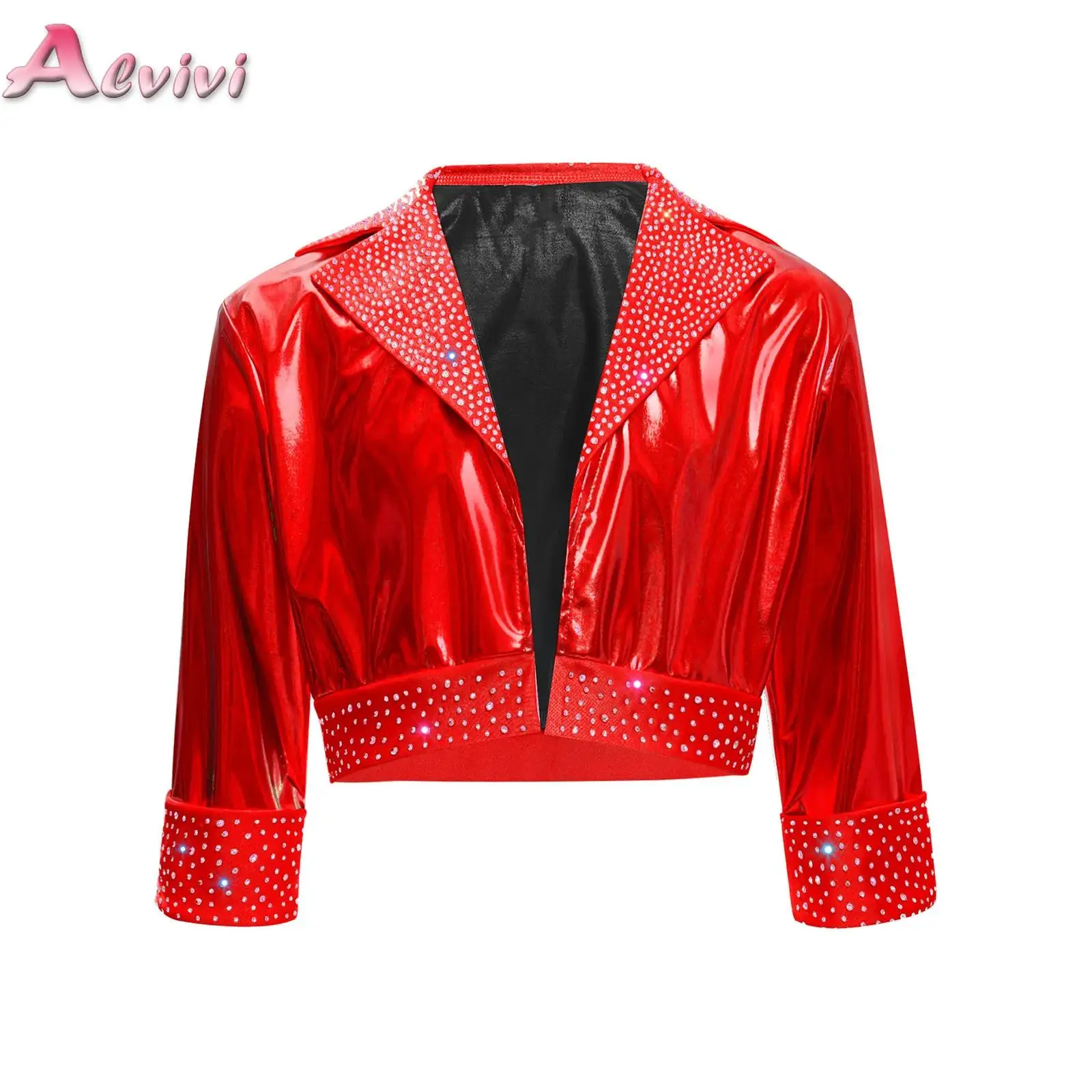 

Kids Girls Shiny Rhinestones Metallic Jacket Hip Hop Jazz Dance Top Outerwear Long Sleeve Disco Stage Performance Streetwear