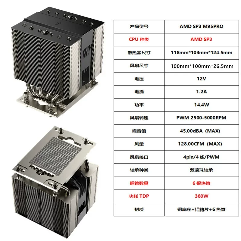 M95PRO-SP3 Heatsink 6 Heat Pipe TR4U Server CPU Fan