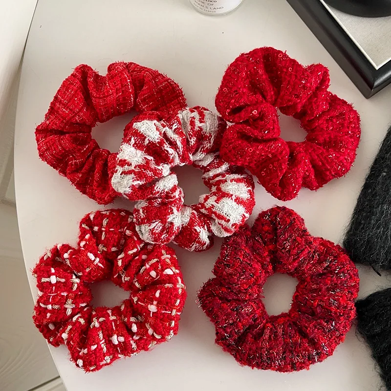 2024 Winter Hair Accessories 5pcs/set Red Hair Scrunchies Set Women Holiday Santa Claus Hair Ties Knitted New Year Schrunchies