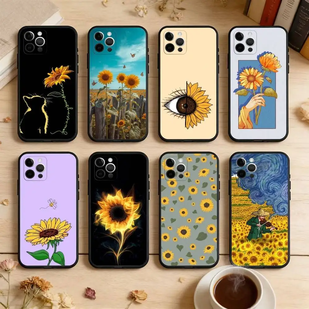 

Beautiful Yellow Sunflower Phone Case For iPhone 17,16,15,14,13,12,11 Plus,Pro Max,Soft Silicone Black Cover