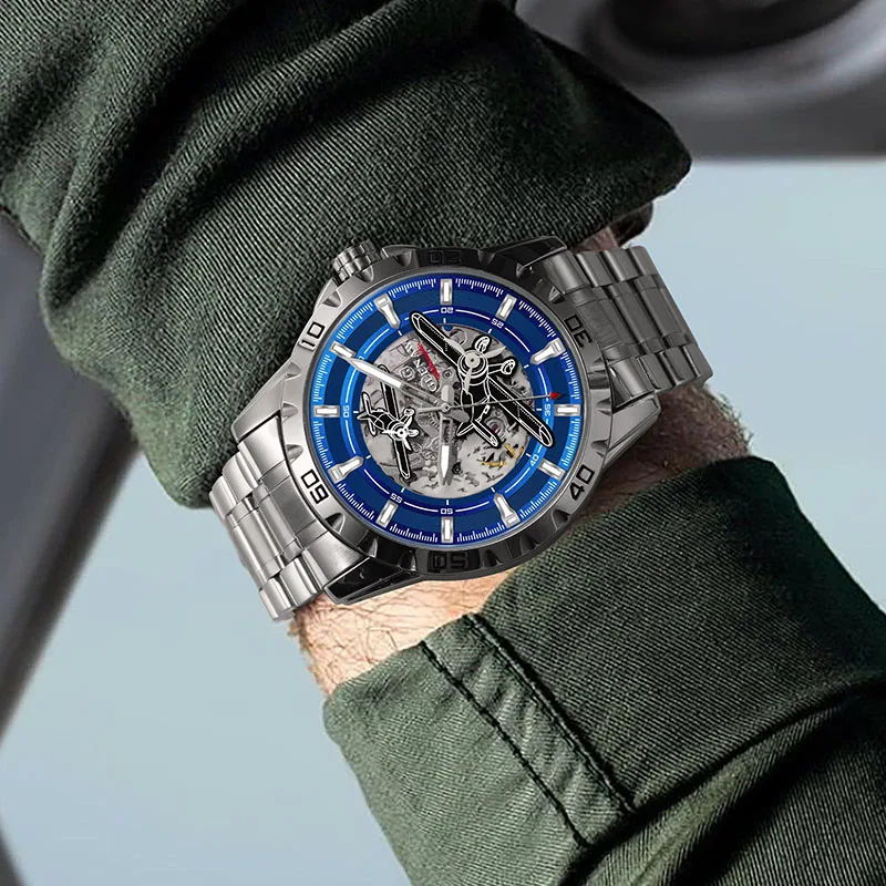 GLENAW 新しいパイロットシリーズメンズ腕時計中空高級自動機械式時計発光防水ステンレス鋼ストラップ時計