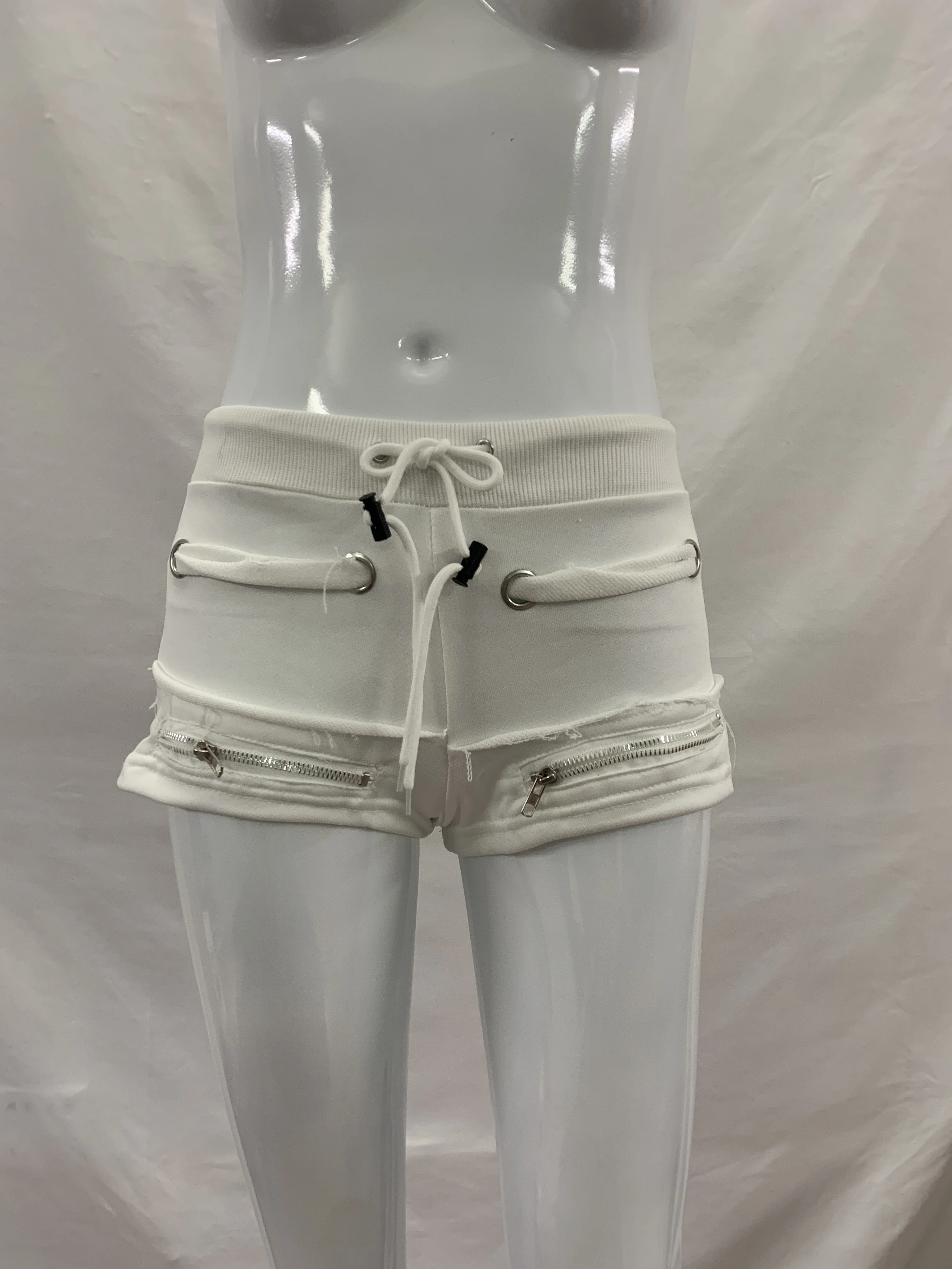 Metallösen-Hotpants mit Kordelzug und Fransen für Damen, Y2K-Stil, einfarbig, niedrige Taille, seitliche Reißverschlusstaschen, eng anliegende Street-Shorts – Detail 14