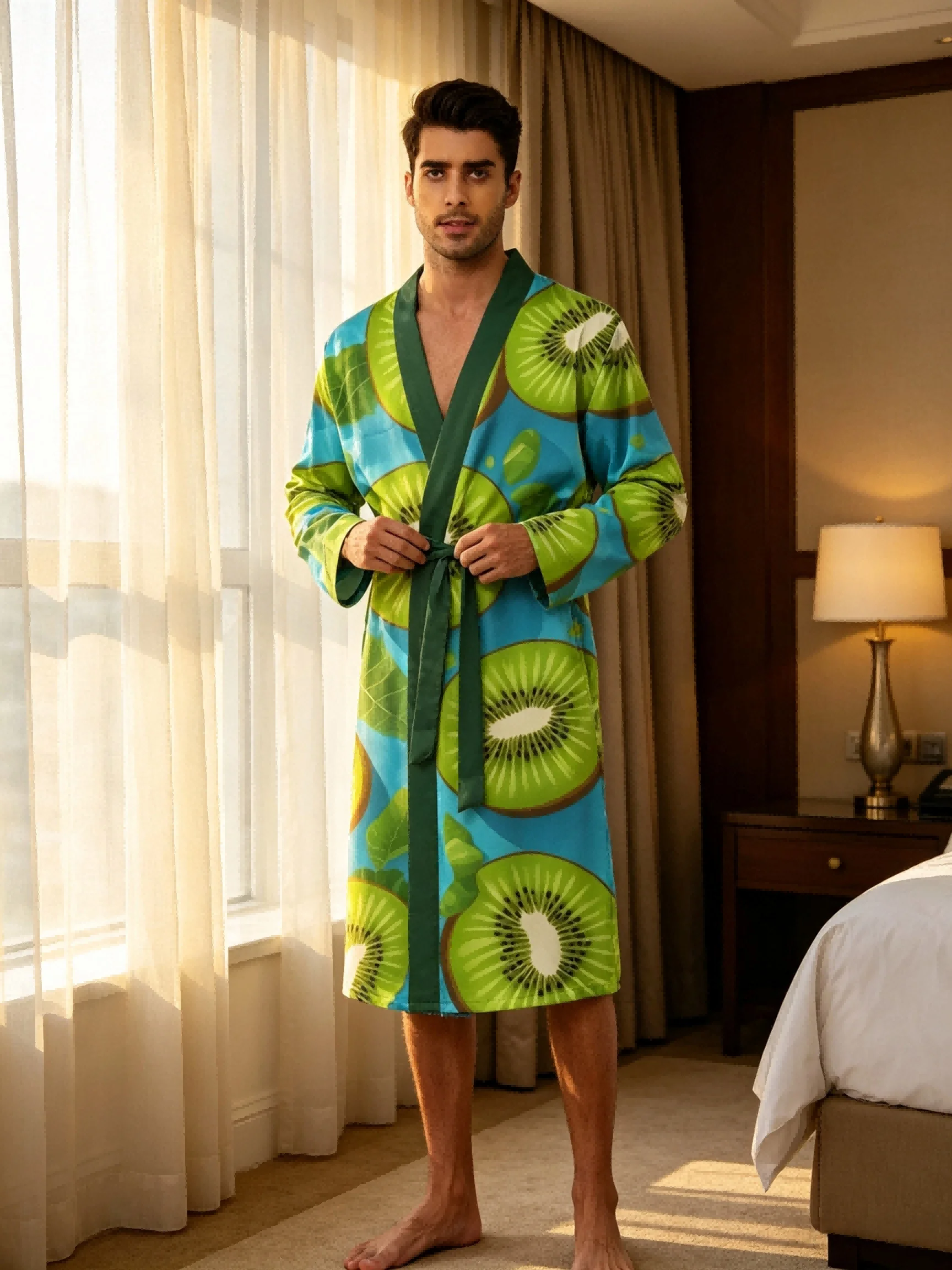 Men's lightweight quick-drying pajama bathrobe - 3D digital printing, non-fading design, stand-up collar and adjustable waistban