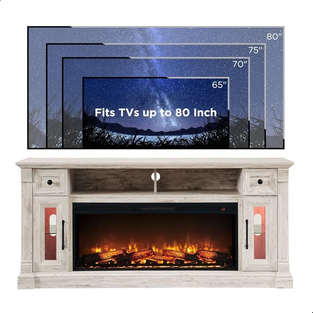 Fireplace TV Stand for 80 Inch TV - Farmhouse Center with 42" Electric Fireplace & LED Lights, Wood Media Console