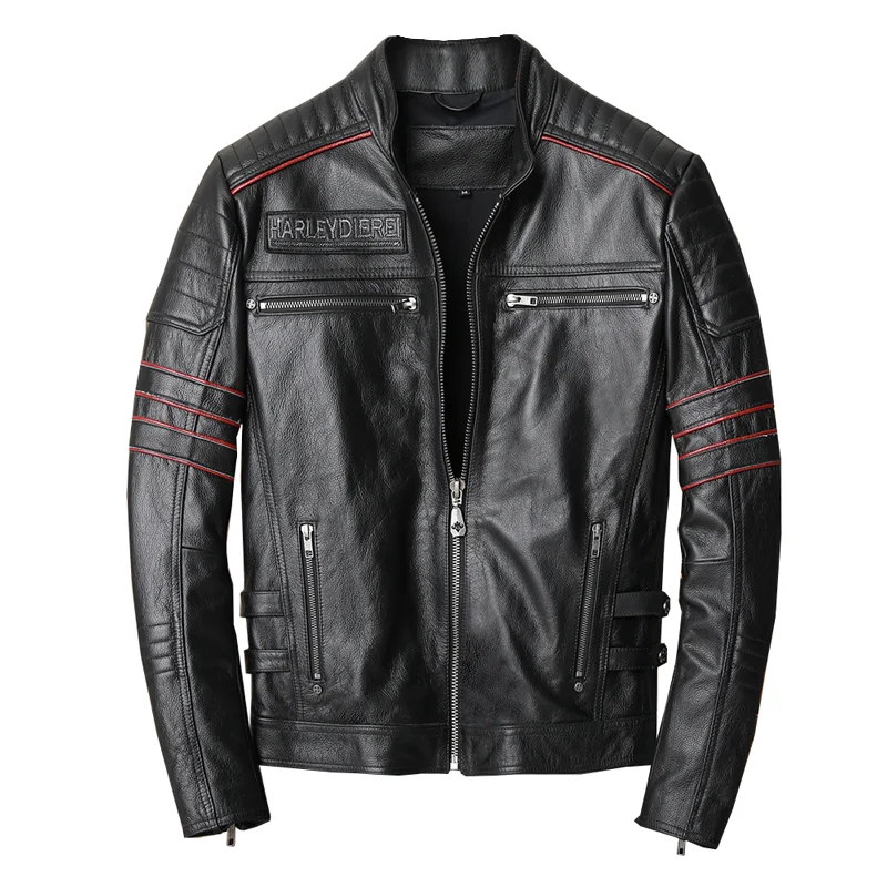 Black AutumnSkull Embroidery Leather Jacket Men Dress UP Style Plus Size 6XL Natural Cowhide Slim Fit Genuine Leather Coat