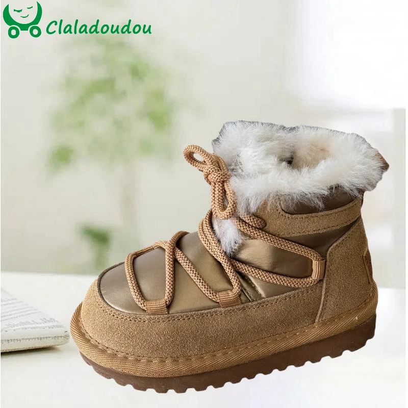 

Fashion Winter Boots For Children Genuine Leather + Waterproof Cloth Sneakers Boots For Girl Winter Thick Warm Plush Baby Walker