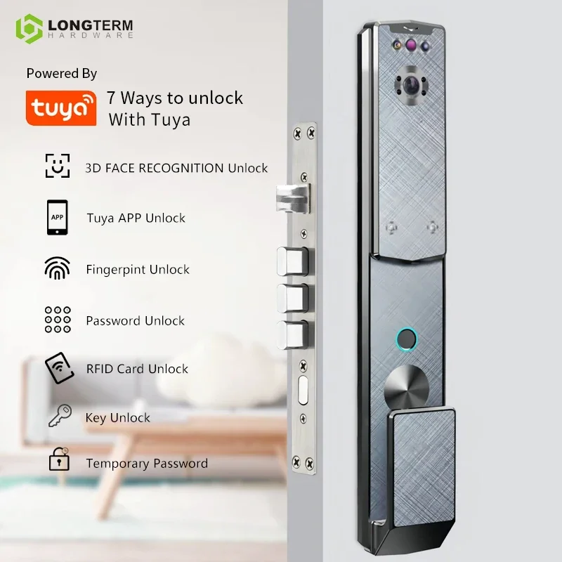 High Security Wifi Tuya Automatic Biometric Door Lock Digital Camera Lock Fingerprint 3D Smart Door Lock with Face Recognition