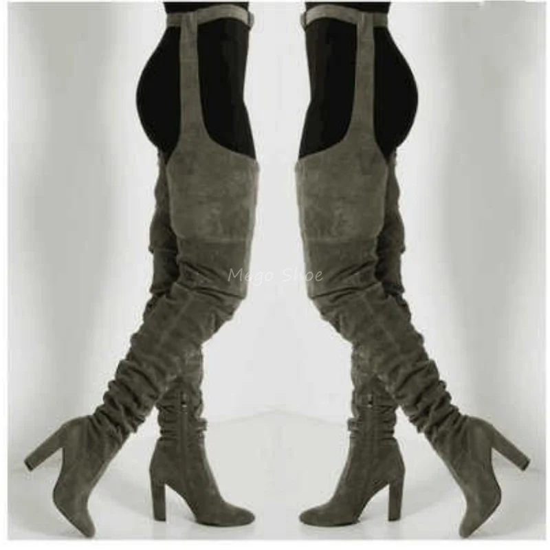 Over Knee and Waist Sexy Boots for Women Solid Color Suede Pointed Thick High Heel Fashion Boots Catwalk Big Lady Size 46