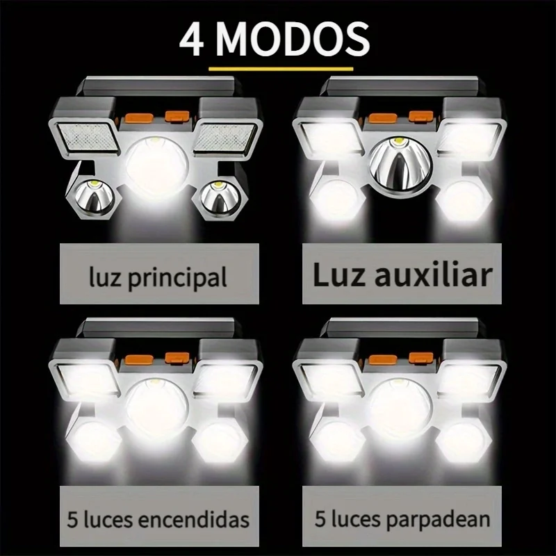 1PC, Rechargeable Headlights, Portable 5LED Flashlight, Work Light, Travel, Camping, Fishing, Hunting Fishing Camping Headlights