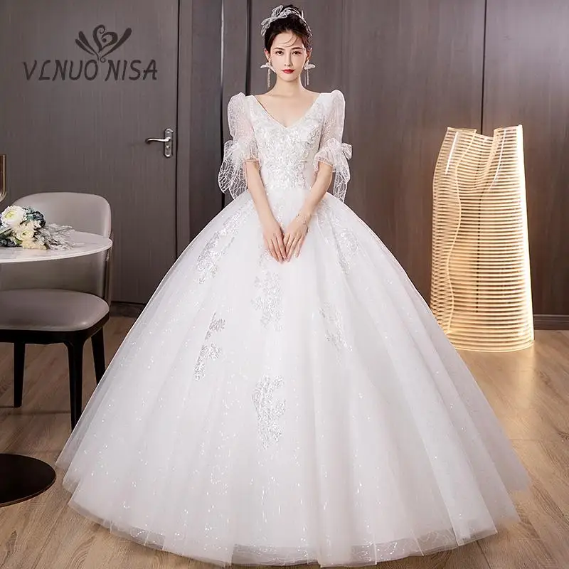 

VLNUO NISA Fashion New Wedding Dresses Half Sleeve Appliques Lace V Neck Tulle Bride Gown Classic Elegant vestidos de novia