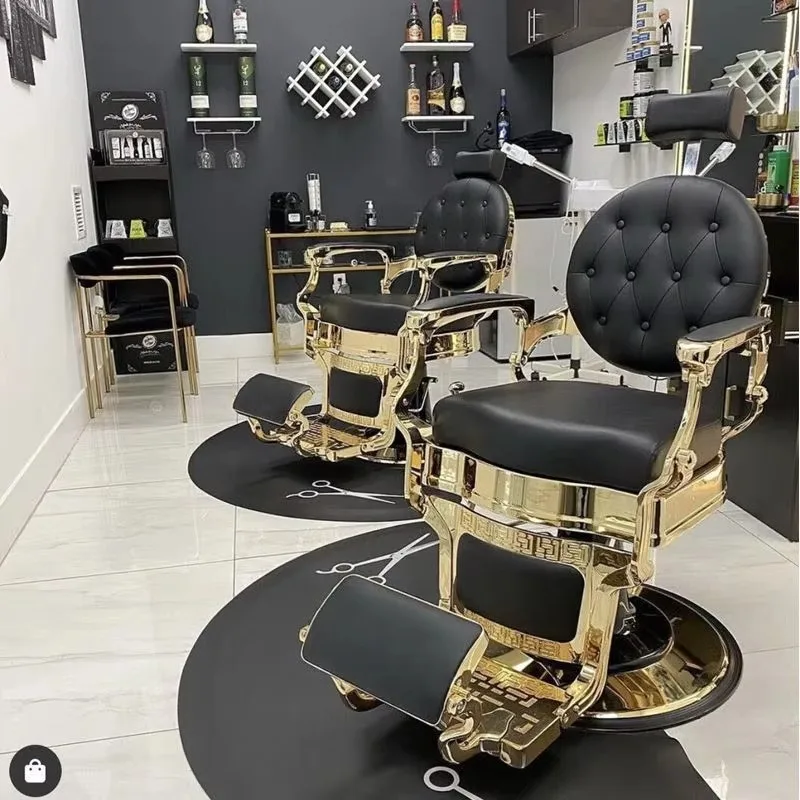 

2025 Antique Style Black Gold Tufted Leather Barber Shop Styling Shaving Chair Hydraulic Pump Round Base Hairdressing Chair