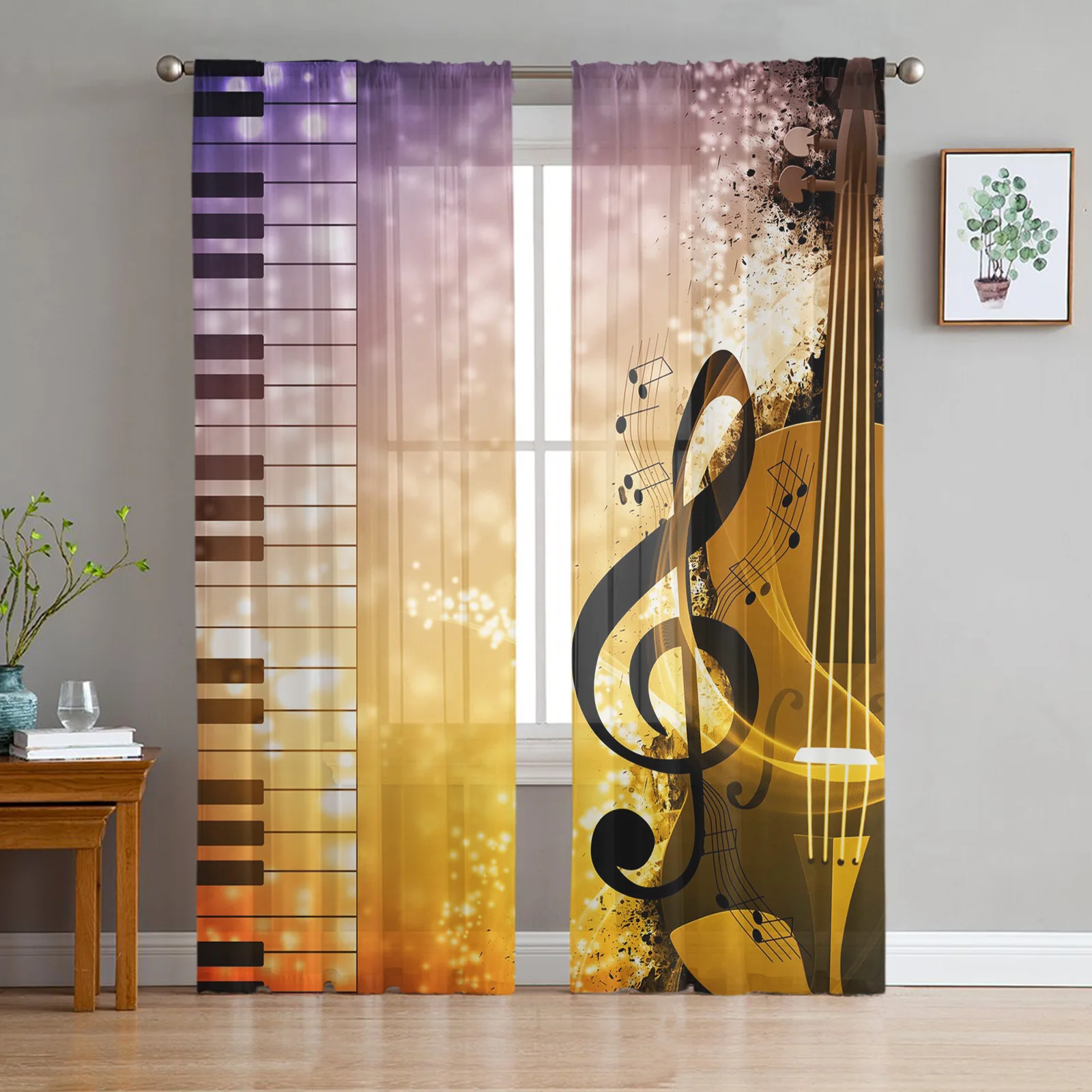 Piano Cello Music Note Window Treatment Tulle Modern Sheer Curtains for Kitchen Living Room the Bedroom Curtains Decoration