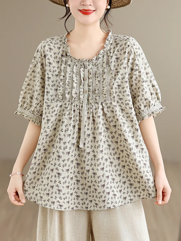 

Retro Japanese Floral Print Shirt Women's Summer New Style Cotton Bubble Sleeve Decorative Button Floral Top Breathable Cotto...