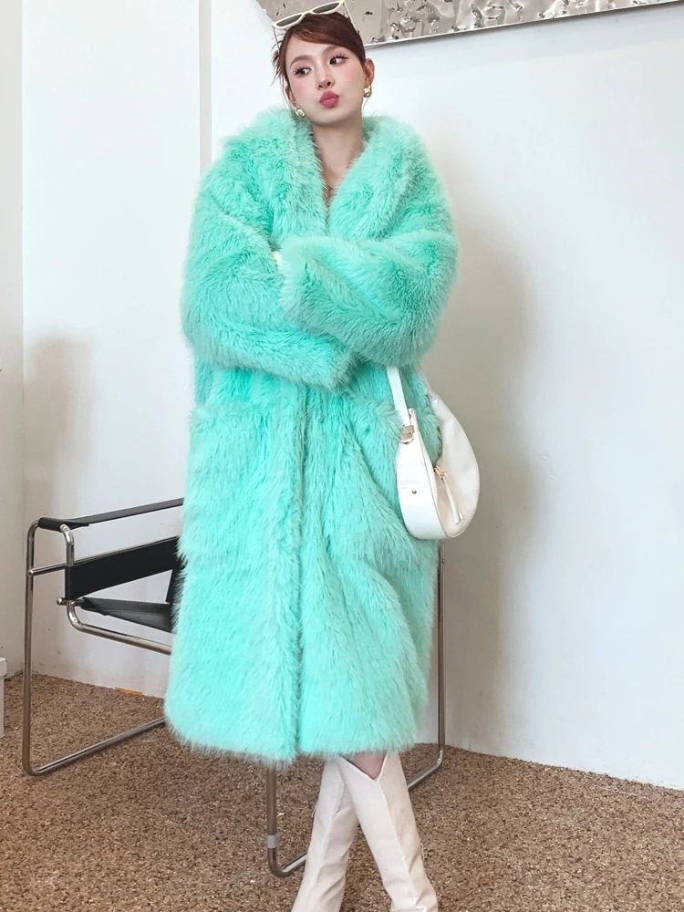 Female Mint Green Faux Fur Coat Long Loose Cute Bunny Ears Hooded Lady Shaggy Outerwear Women\'s Winter Coats Promotion